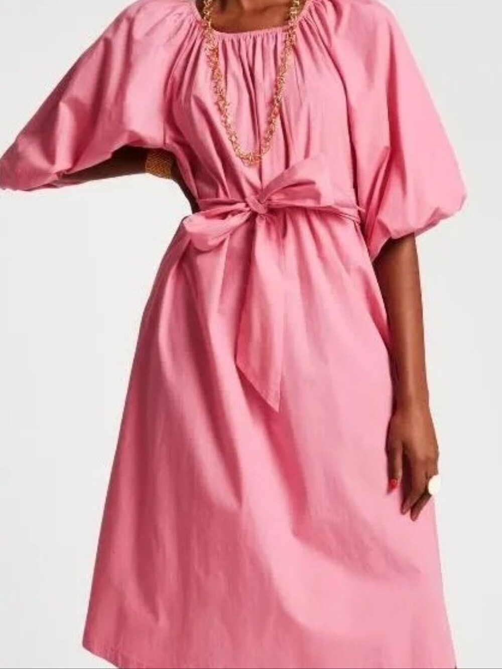 Frances Valentine Pink Puff-Sleeve Tie-Waist Midi Dress